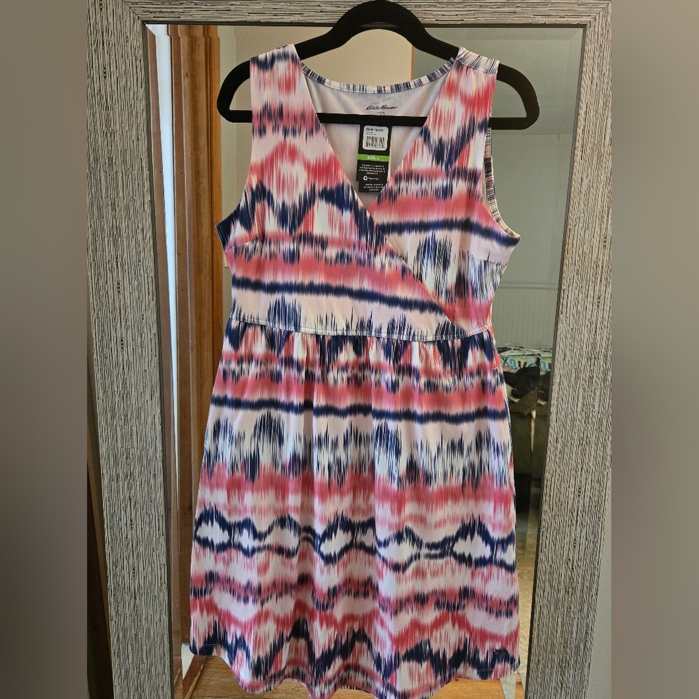 NWT Edie Bauer Faux Wrap Pink and Blue Patterned Sleeveless Dress